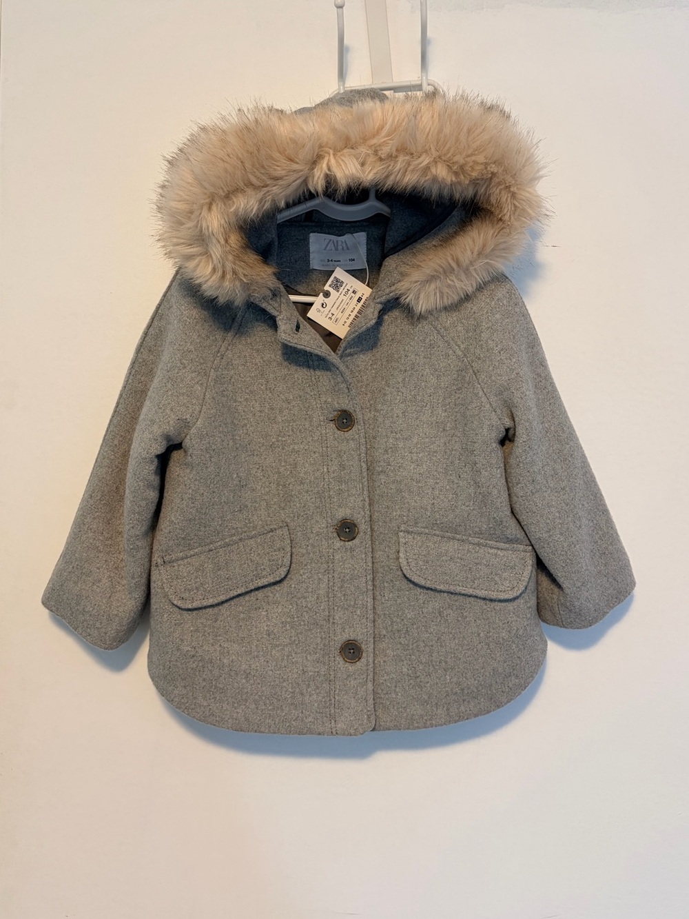 Zara Toddler Girl Grey Coat with Fur Trim Size 3-4 Years